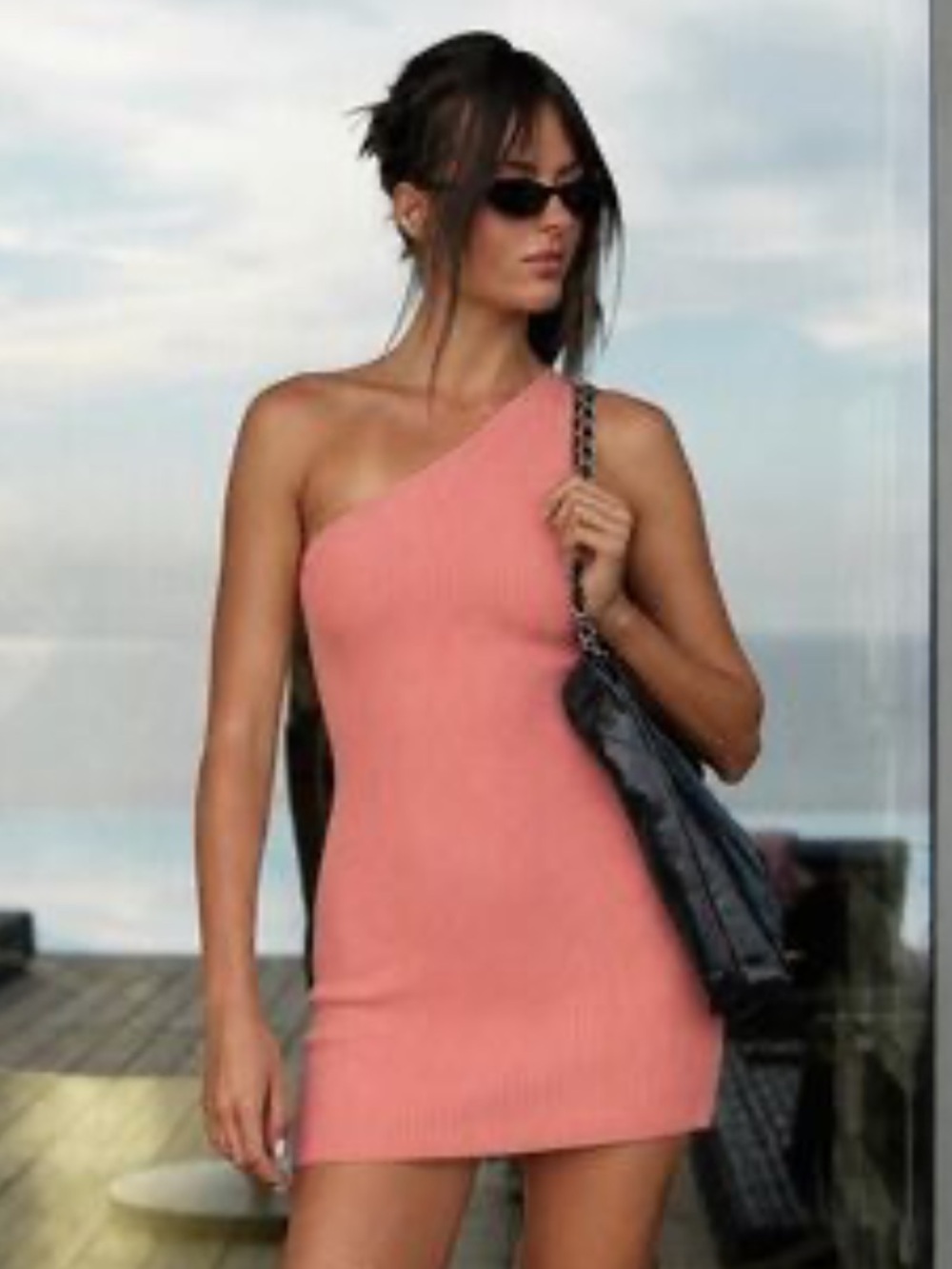 Aritzia Babaton One-Shoulder Coral Sculpt Knit Mini Dress